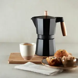 Cafetera Italiana negra y madera bamboo clara 6 Pc